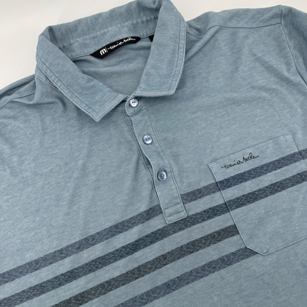 TravisMathew Men's Blue Striped Pocket Polo Shirt XXL Pima Cotton‎ Polyester